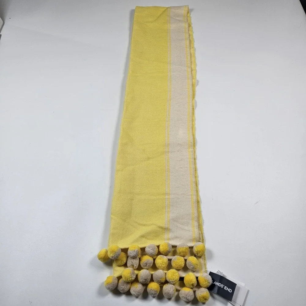 Lands End Womens Yellow wool Blend Oblong Scarf Striped Pom Pom Trim New 72